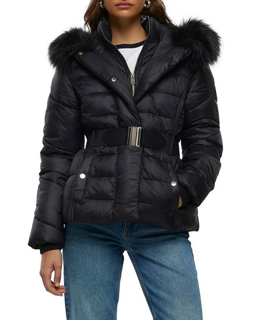 River Island Belted Faux Fur Trim Hooded Puffer Jacket in at 2