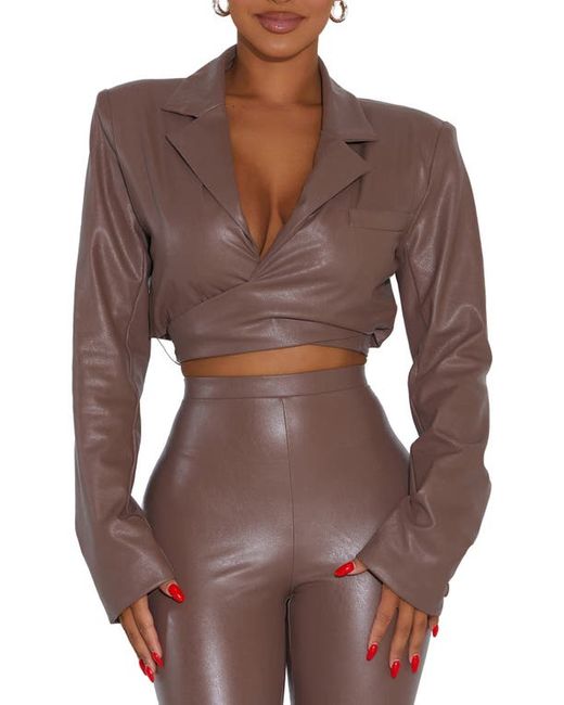 Naked Wardrobe Good Crop Wrap Faux Leather Blazer in at X-Small