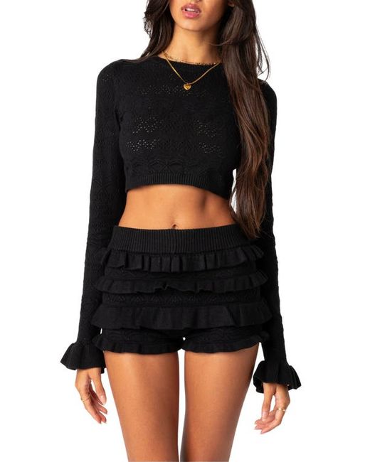 Edikted Delana Ruffle Cuff Pointelle Crop Sweater in at X-Small