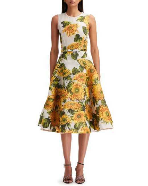 Oscar de la Renta Sunflower Embroidered Sleeveless Fit Flare Dress in Yellow/Ivory at