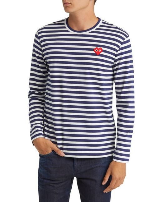 Comme Des Garçons Play Pixel PLAY Appliqué Stripe Long Sleeve T-Shirt in Navy/White at Small