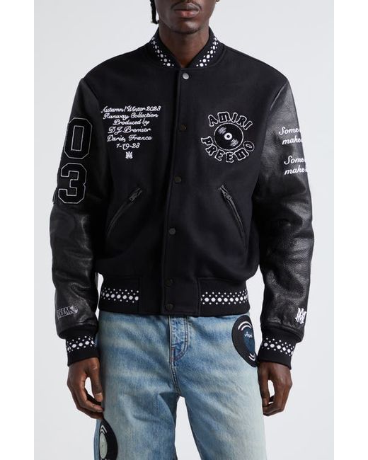 Amiri x Premier Records Patch Leather Sleeve Wool Blend Varsity Jacket in at 36 Us