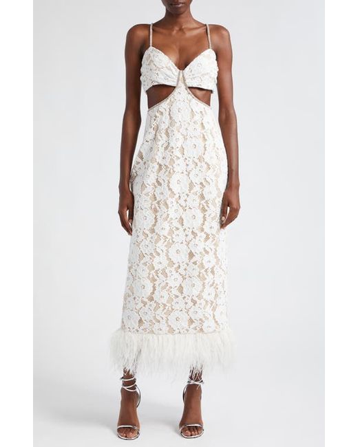 Likely Sarah Cutout Lace Feather Trim Maxi Dress in at 0