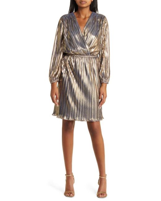 Maggy London Metallic Pleated Long Sleeve Dress in at 0