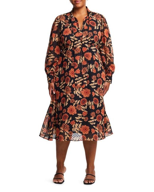 Estelle Autumnal Garden Long Sleeve Midi Dress in at 16W