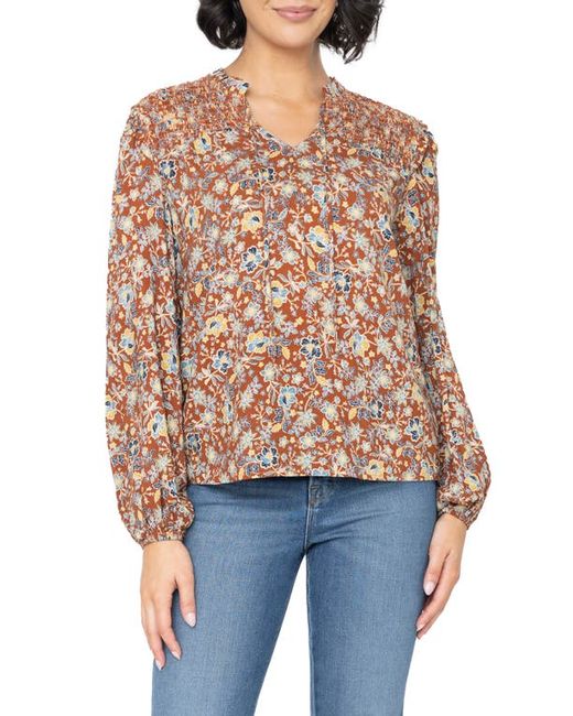 Gibsonlook Tie Neck Long Sleeve Smoked Yoke Blouse in at Xx-Small