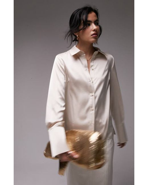 TopShop Long Sleeve Satin Button-Up Shirt in at 2 Us