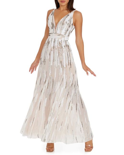 Dress the population Samira Sequin Embellished Evening Gown in White at