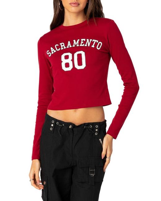 Edikted Sacramento 80 Long Sleeve Graphic Crop T-Shirt in at X-Small