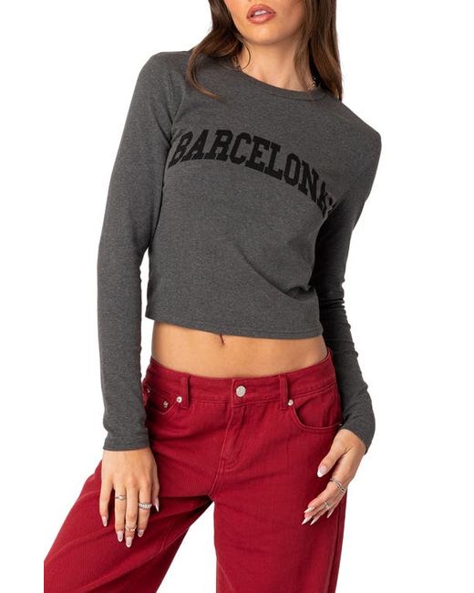 Edikted Barcelona Long Sleeve Cotton Graphic Crop T-Shirt in at X-Small