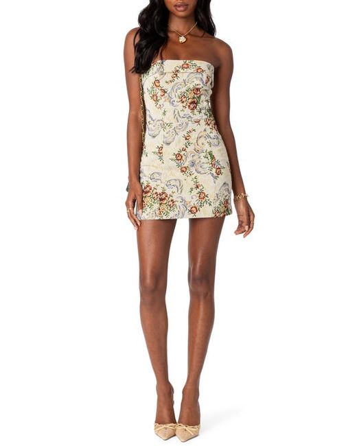 Edikted Floral Tapestry Lace-Up Back Strapless Minidress in at X-Small