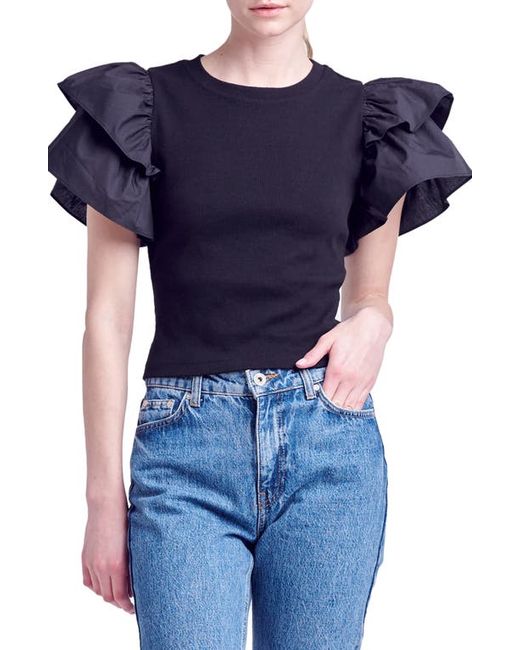 English Factory Mix Media Ruffle Sleeve Cotton Rib Top in at X-Small