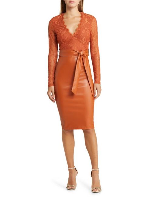 Bebe Mixed Media Long Sleeve Lace Faux Leather Dress in Orange at X-Small