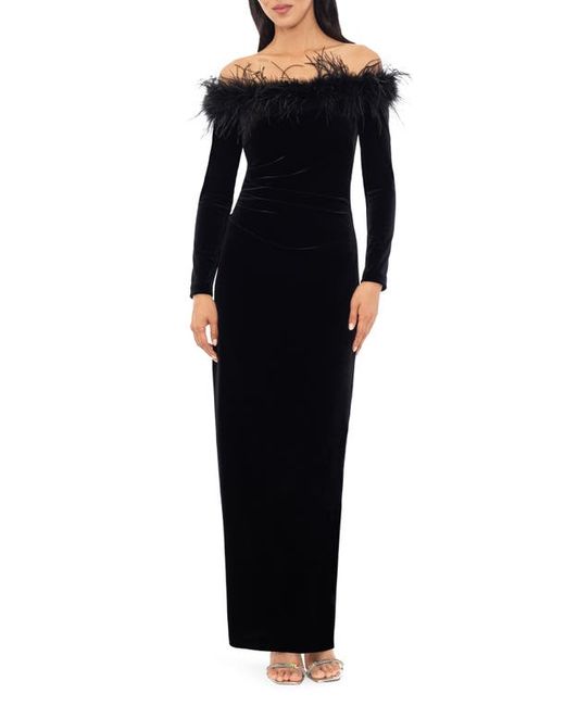 Xscape Feather Trim Off the Shoulder Long Sleeve Scuba Maxi Dress in at