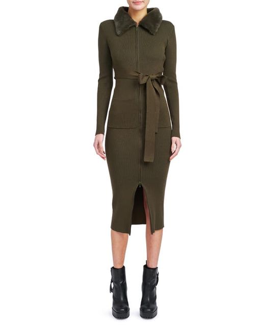 En Saison Long Sleeve Belted Midi Dress with Faux Fur Collar in at X-Small
