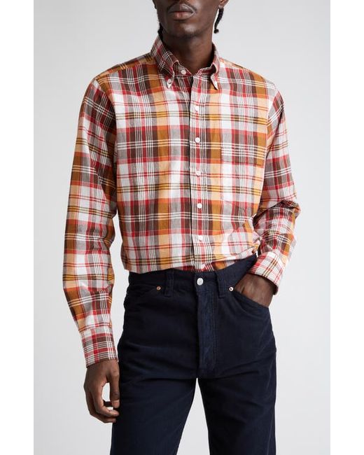 Drake's Madras Plaid Button-Down Shirt in Brown at