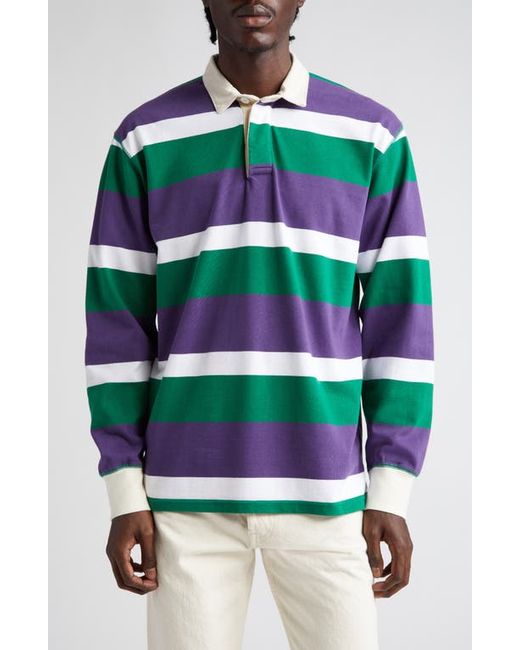 Drake's Stripe Long Sleeve Rugby Polo in Purple/White at Small