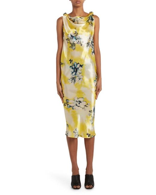 Bottega Veneta Floral Print Cupro Twill Dress in 7125 Yellow/Turquoise at