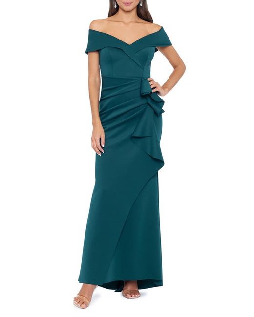 Xscape Off the Shoulder Ruffle Scuba Gown in at