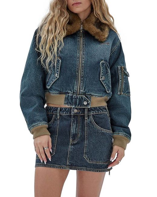 GUESS Originals Go Denim Bomber Jacket with Faux Fur Collar in at Small