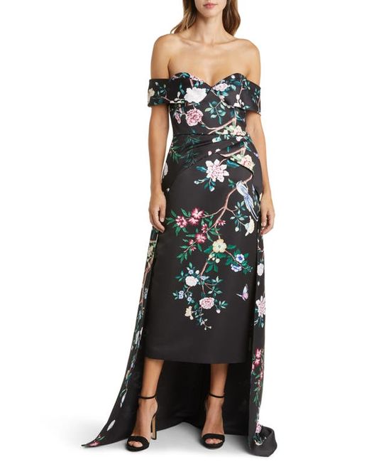 Marchesa Notte Floral Off the Shoulder High-Low Gown
