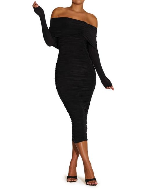 Naked Wardrobe Ruched Long Sleeve Off the Shoulder Midi Dress X-Small