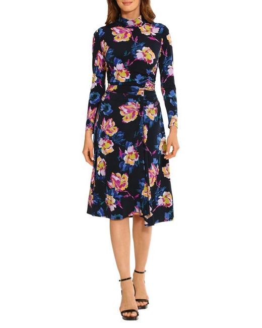 Maggy London Floral Ruched Detail Bracelet Sleeve A-Line Midi Dress Midnight Navy/French 0