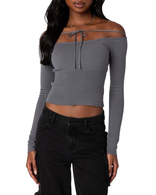 Edikted Jane Tie Front Off the Shoulder Long Sleeve Crop Top X-Small
