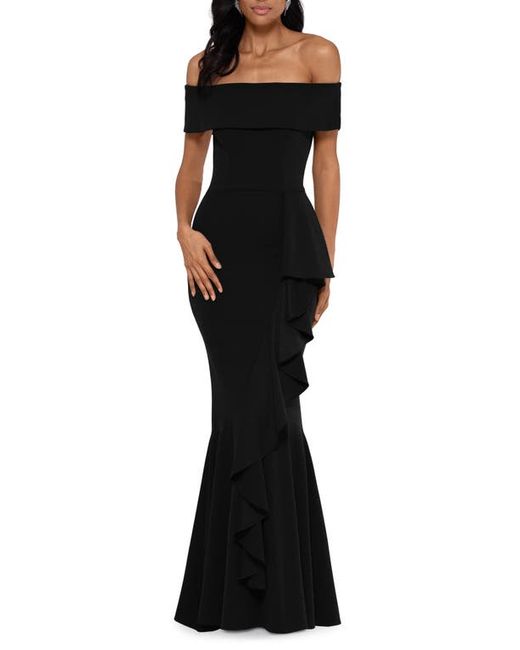 Betsy & Adam Cascade Ruffle Off the Shoulder Mermaid Gown