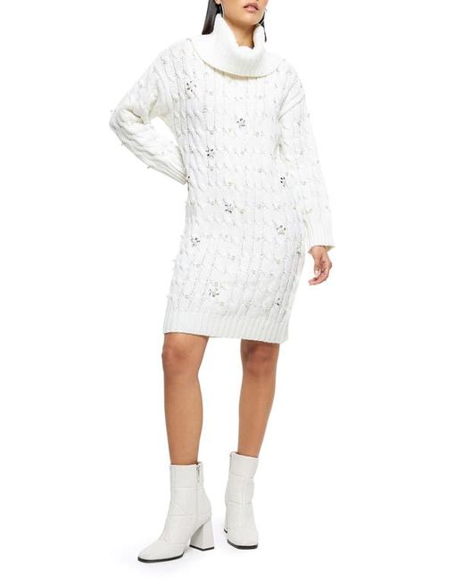 River Island Imitation Pearl Embellished Long Sleeve Turtleneck Sweater Dress X-Small