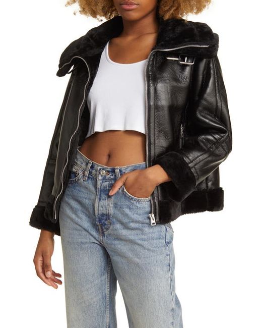 TopShop Oversize Faux Leather Aviator Jacket with Shearling Trim X-Small