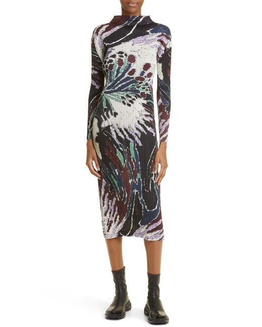 Pleats Please By Issey Miyake Frosty Forest Print Pleated Long Sleeve Midi Dress