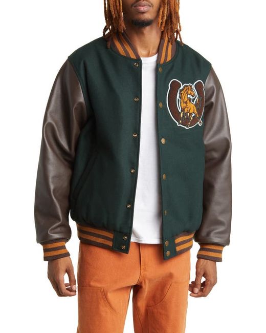 One Of These Days Mustang Wool Leather Varsity Bomber Jacket Brown Small