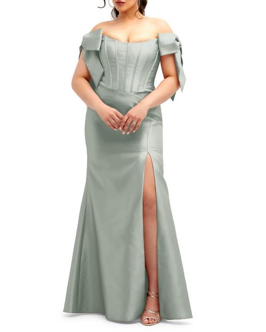 Alfred Sung Off the Shoulder Bow Corset Satin Trumpet Gown