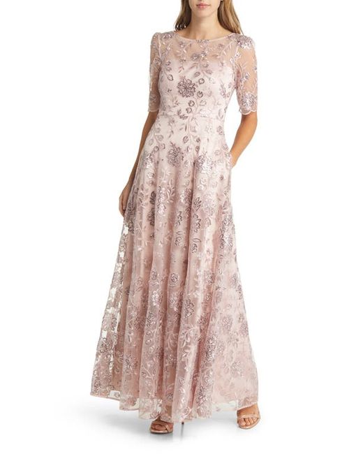 Eliza J Sequin Floral Illusion Lace Fit Flare Gown