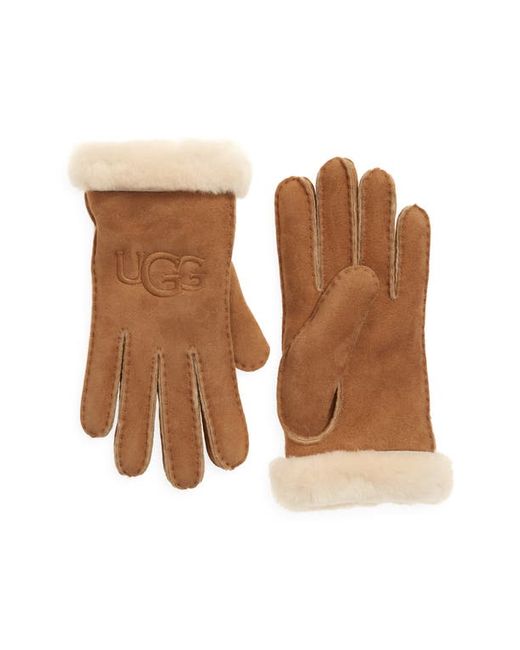 uggr UGGr Logo Embroidered Suede Genuine Shearling Gloves