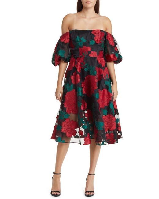 Marchesa Notte Floral Puff Sleeve Off the Shoulder Dress