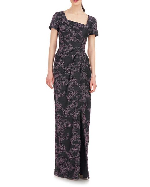 Kay Unger Rosalyn Floral Short Sleeve Column Gown Black/Dark Lavender