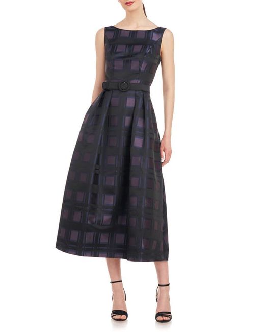 Kay Unger Isla Plaid Pleated Belted Cocktail Dress Black/Night