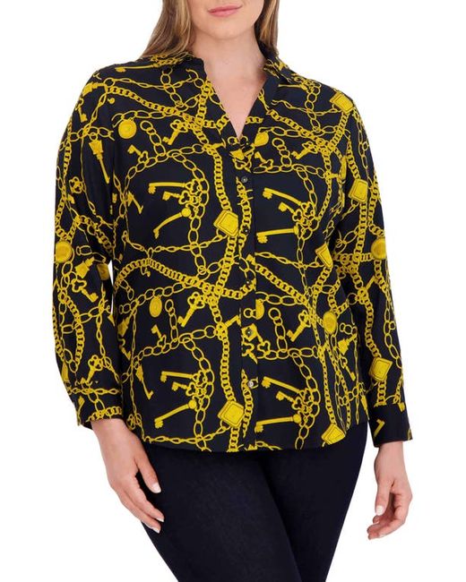 Foxcroft Mary Print Cotton Sateen Button-Up Shirt Yellow 14W