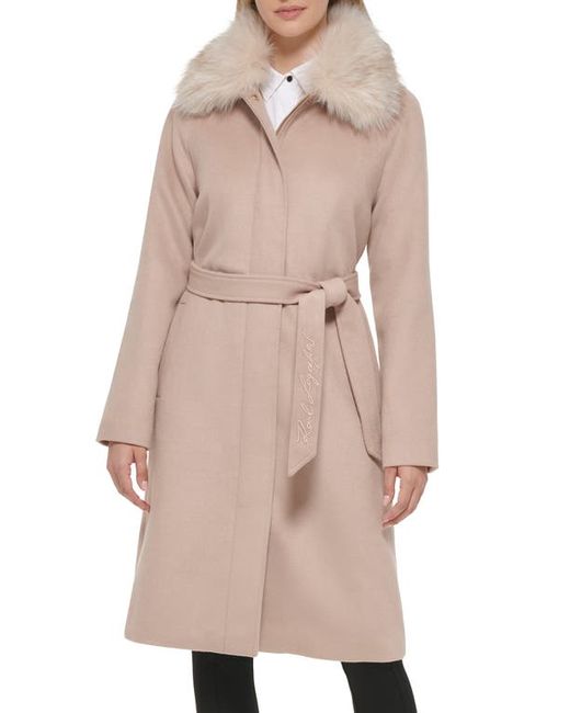 Karl Lagerfeld Luxe Belted Twill Wool Blend Coat with Removable Faux Fur Collar