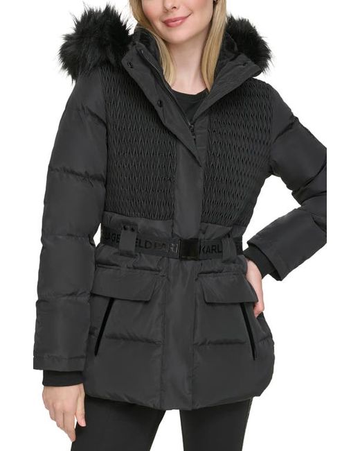 Karl Lagerfeld Smocked Belted Ski Puffer Jacket with Faux Fur Hood