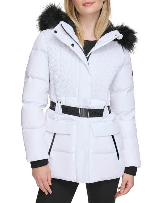 Karl Lagerfeld Smocked Belted Ski Puffer Jacket with Faux Fur Hood