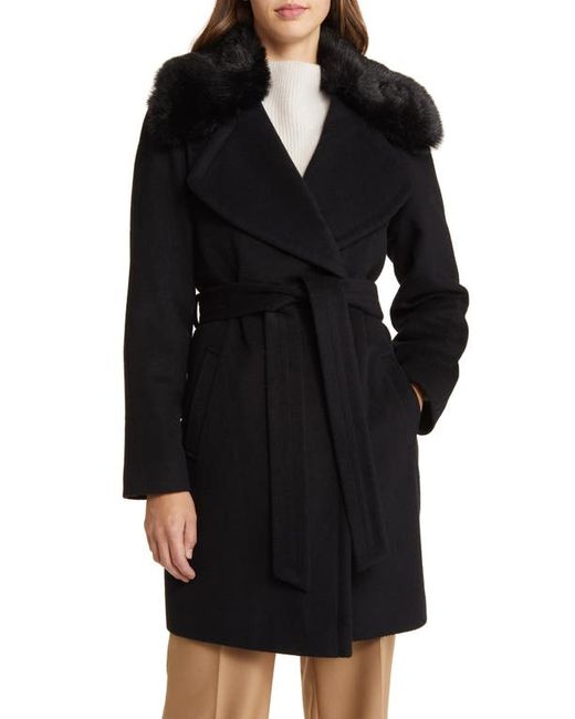Via Spiga Belted Wool Blend Wrap Coat with Faux Fur Hood