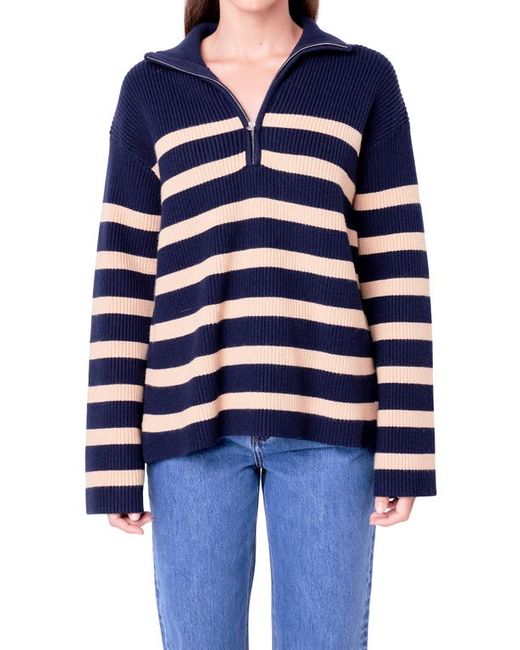 English Factory Stripe Half Zip Sweater Navy/Camel