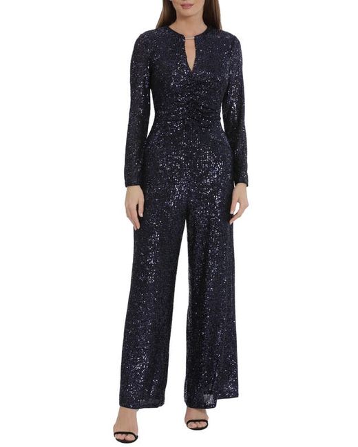 Maggy London Ruched Bodice Sequin Long Sleeve Wide Leg Jumpsuit