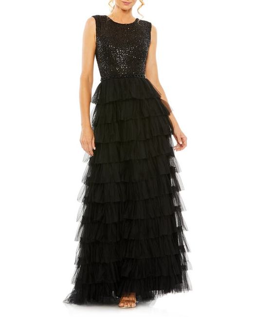 Ieena for Mac Duggal Sequin Tulle Ruffle Tiered Gown