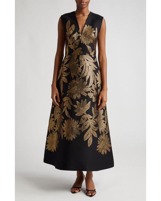 Lela Rose Blair Metallic Embroidered Floral Gown
