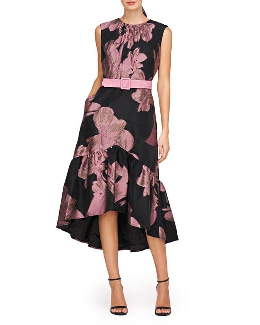 Kay Unger Beatrix Belted Floral High-Low Cocktail Dress Black/Primrose