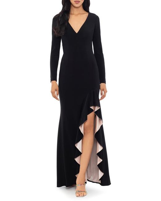 Xscape V-Neck Long Sleeve Gown Nude